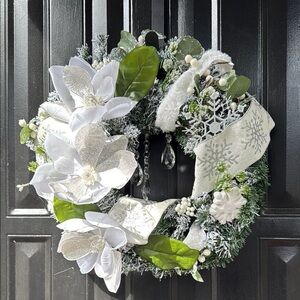 Elegant White and Green Holiday Wreath with crystals